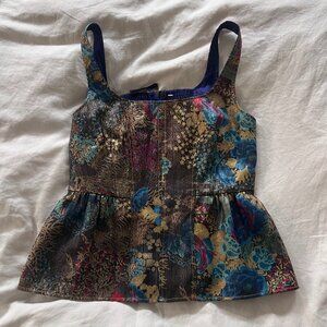 Anthropologie Metallic Floral Brocade Peplum Crop Top (Blue/Gold/Red) SIze 6